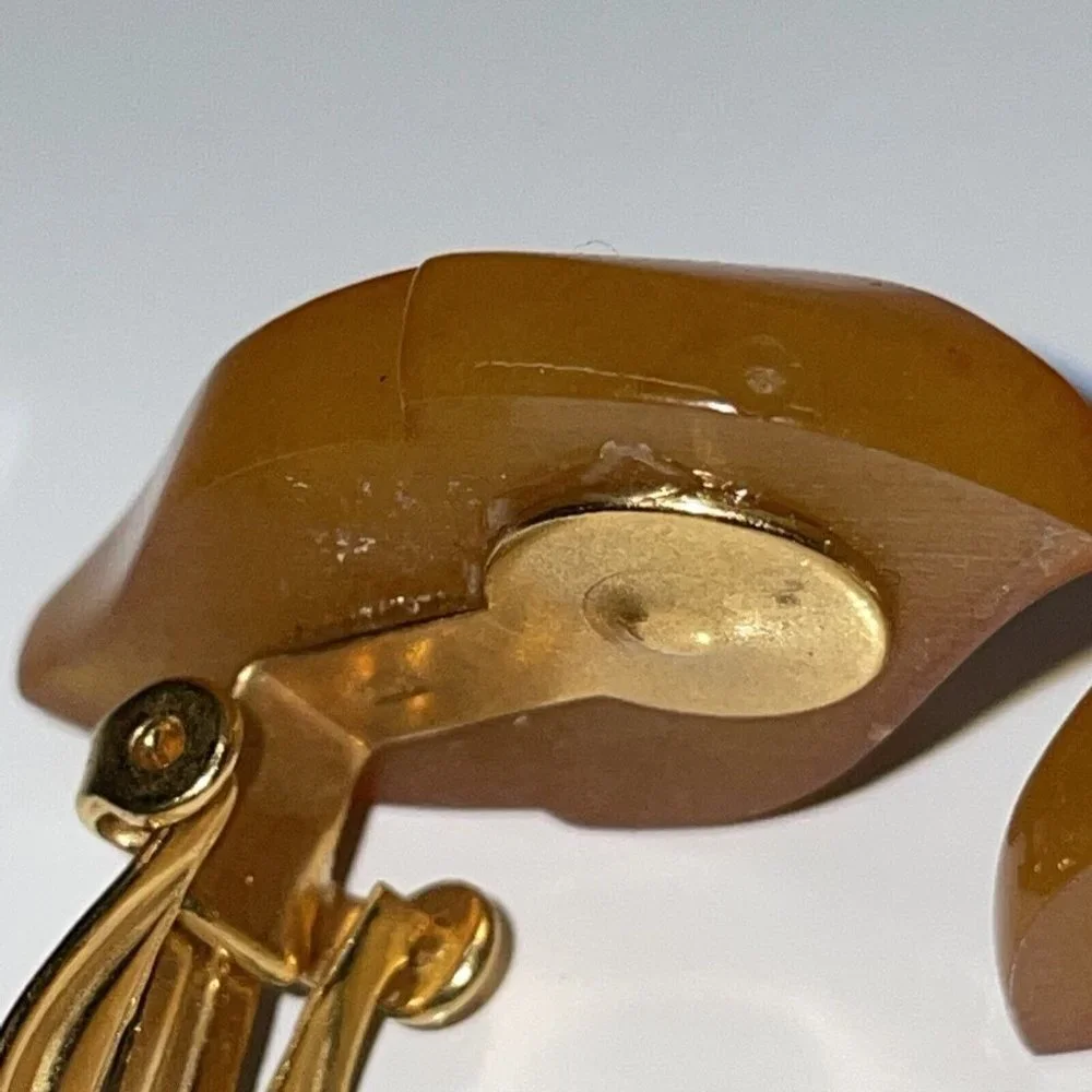 Vintage Kaliningrad USSR Natural Baltic Amber Clip On Earrings Leaf Shape Dangle